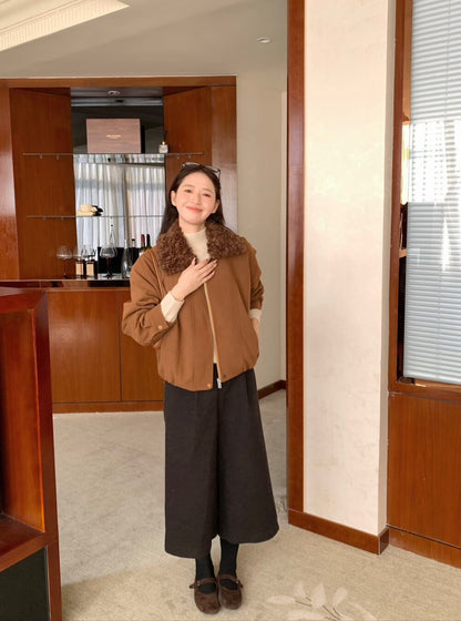 // 拼接卷毛領設計感短外套