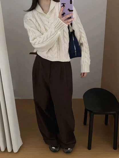 // 粗棒針麻花翻領短款毛衣