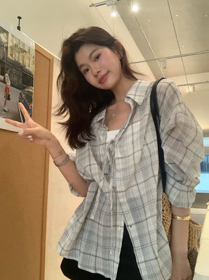 // 兩穿復古感格紋寬鬆恤衫