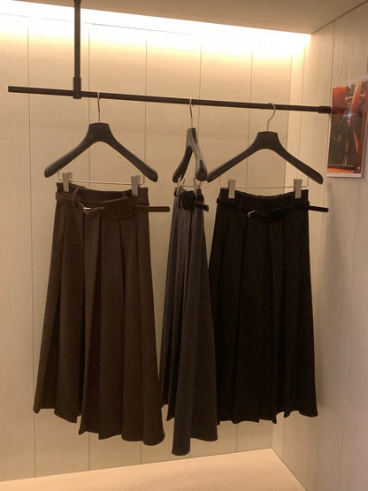 // 秋冬必備粗百褶毛呢中裙(連腰帶)