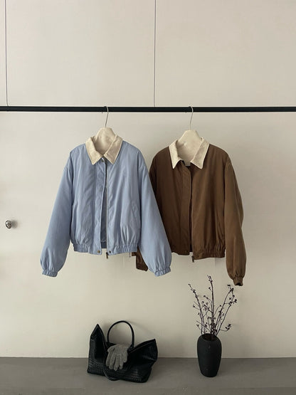 // 可愛小刺繡拼燈芯絨領夾棉外套