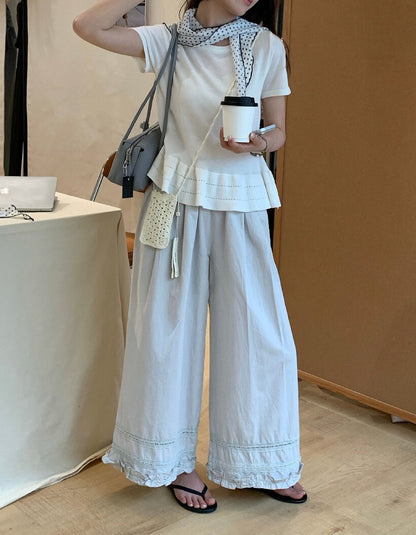 // 小復古刺繡花邊腳休閒褲