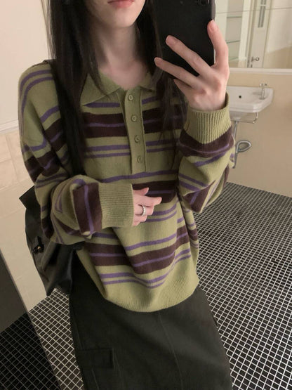// 100%羊毛復古拼色間條翻領毛衣
