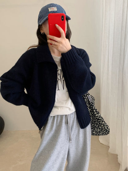 // 直坑紋大翻領上下拉鍊落肩CD