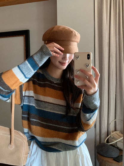 // 復古感撞色間條圓領10%羊毛NT