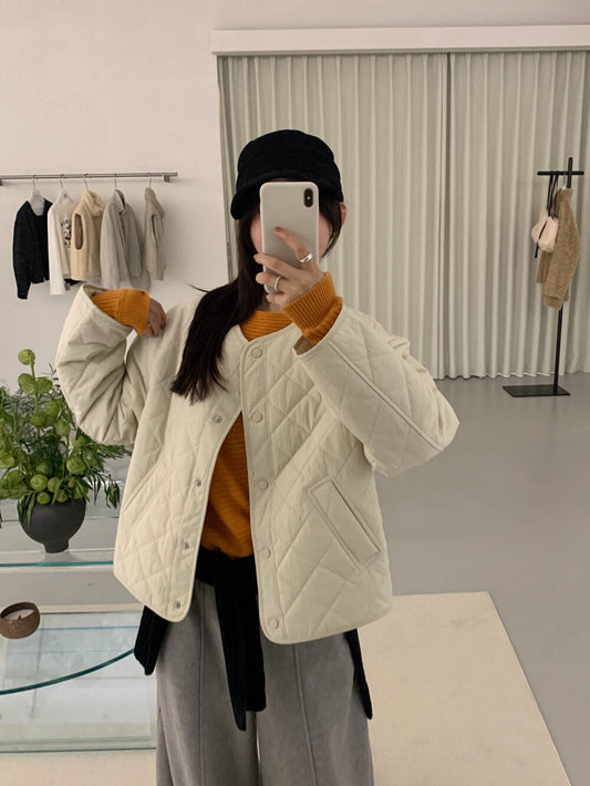 // 簡約菱格薄夾棉圓領外套