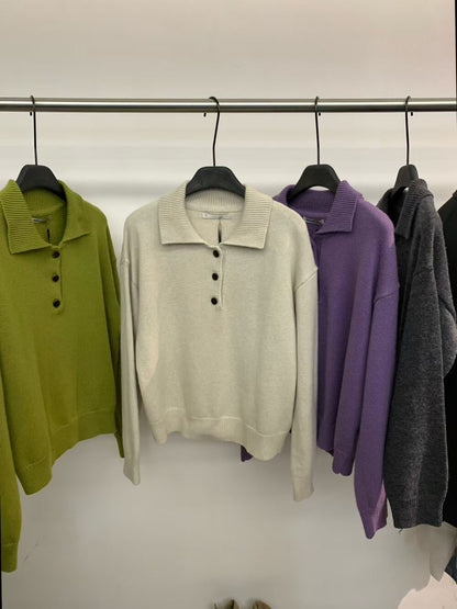 // 30%wool鈕扣直坑紋翻領毛衣