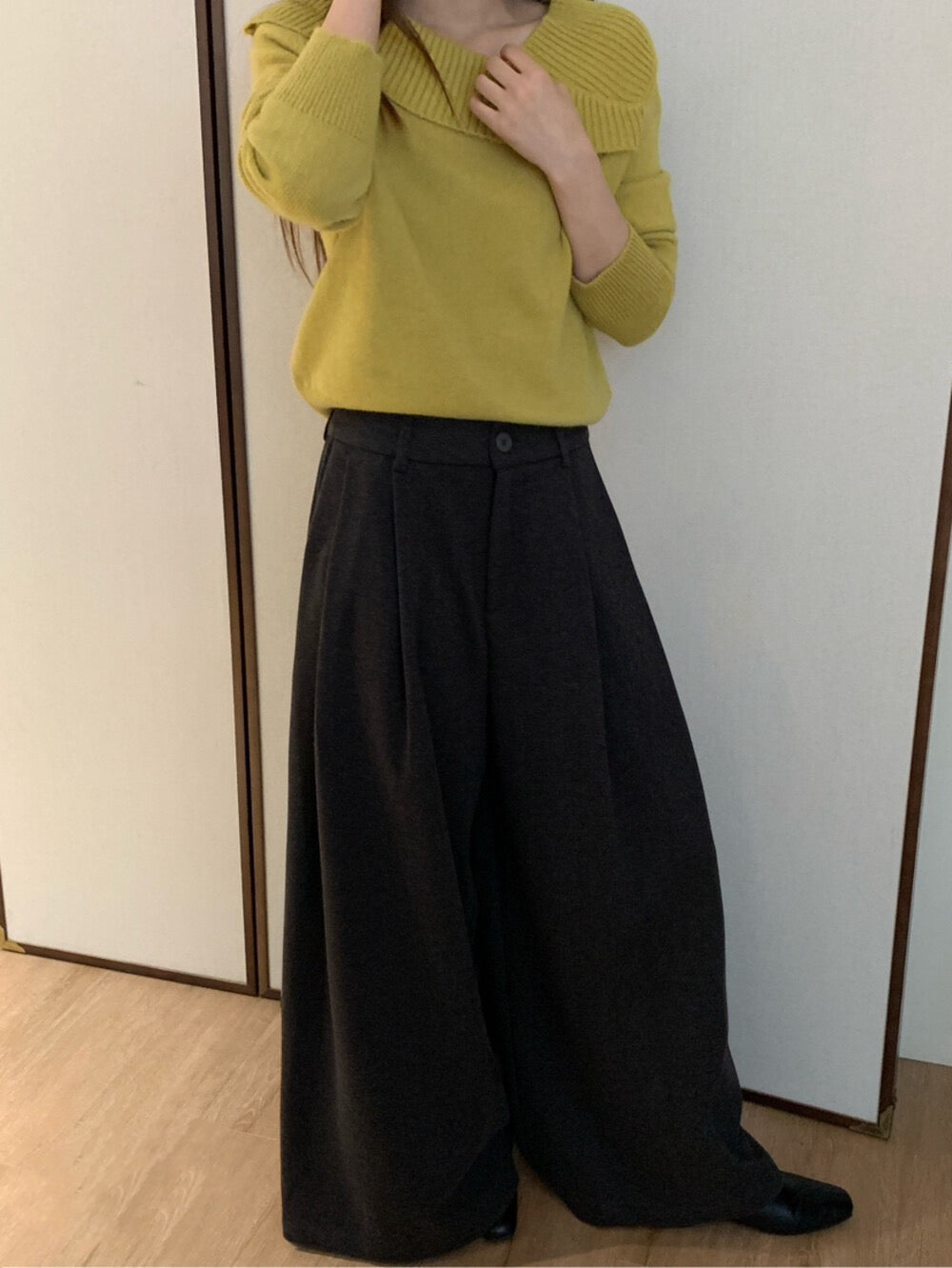 // 超遮肉壓褶闊腳毛呢褲