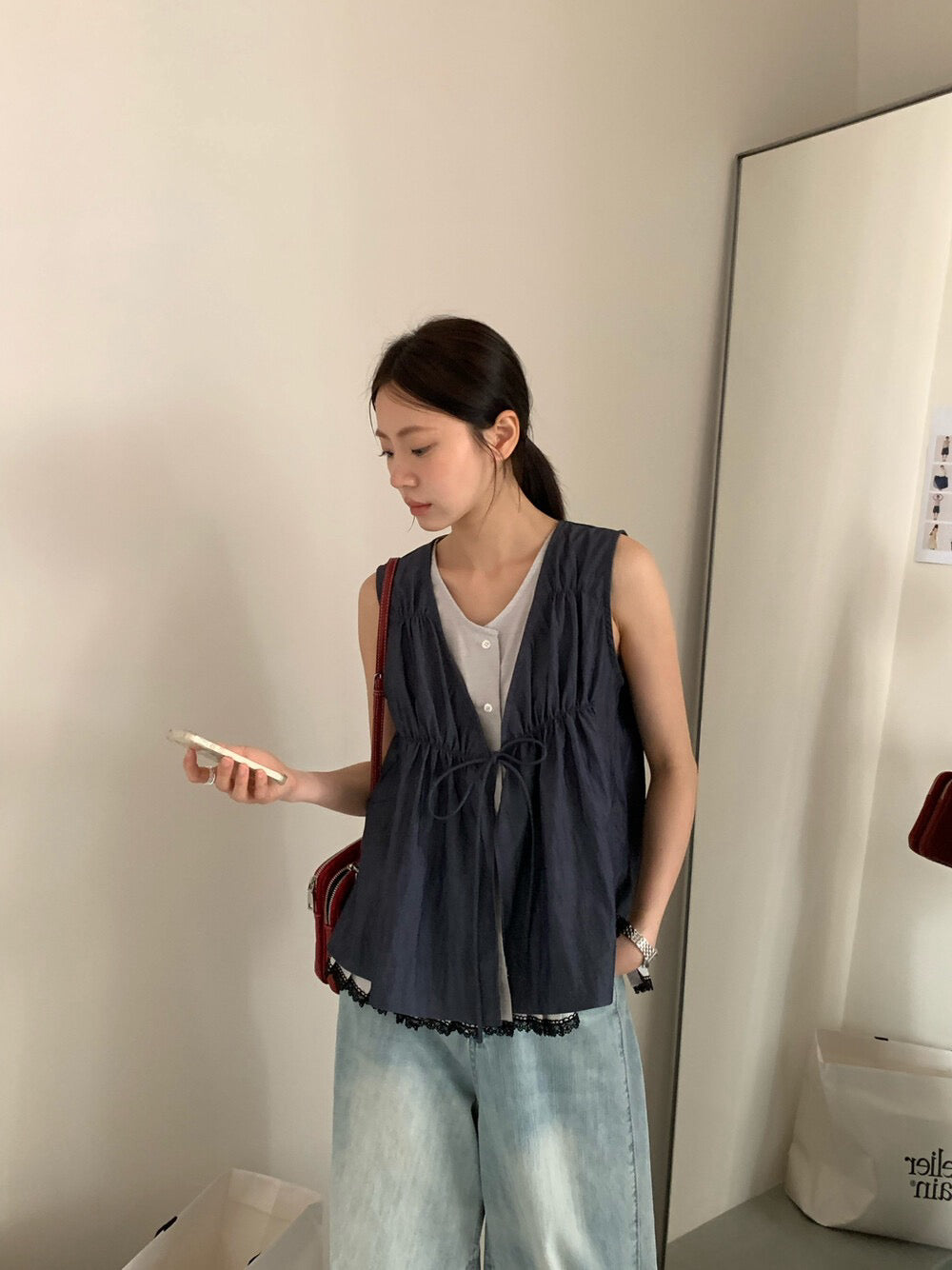 // 拼接lace邊假兩件綁帶背心BL