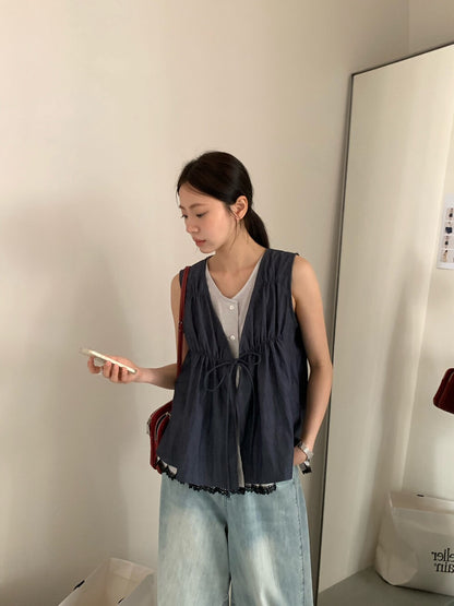 // 拼接lace邊假兩件綁帶背心BL