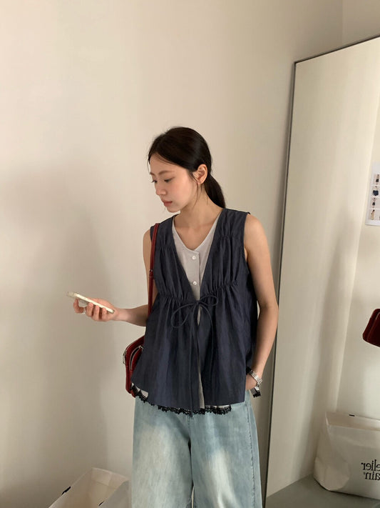 // 拼接lace邊假兩件綁帶背心BL