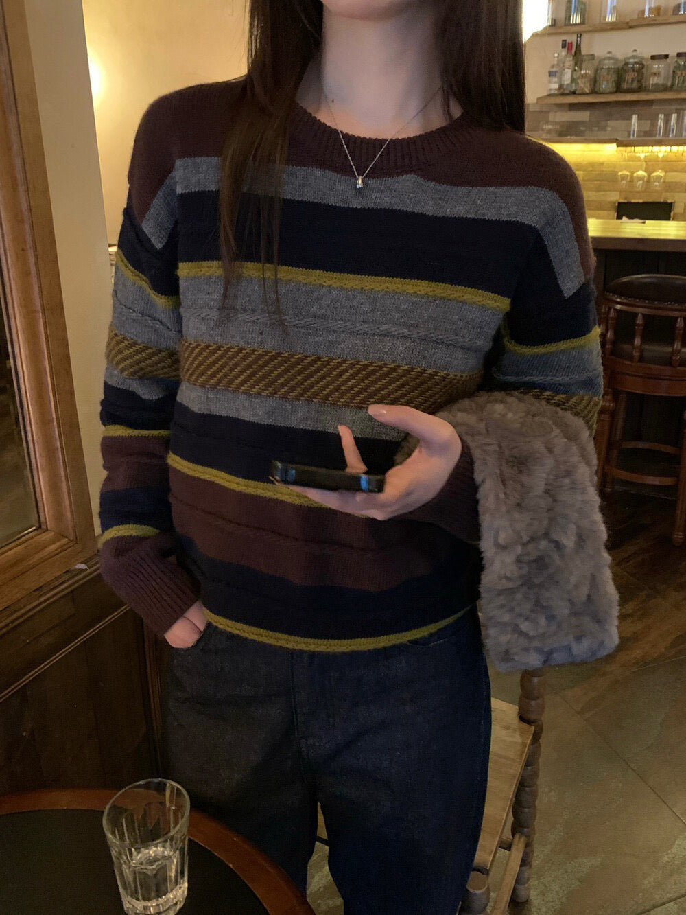 // 10%raccoon復古配色間條毛衣