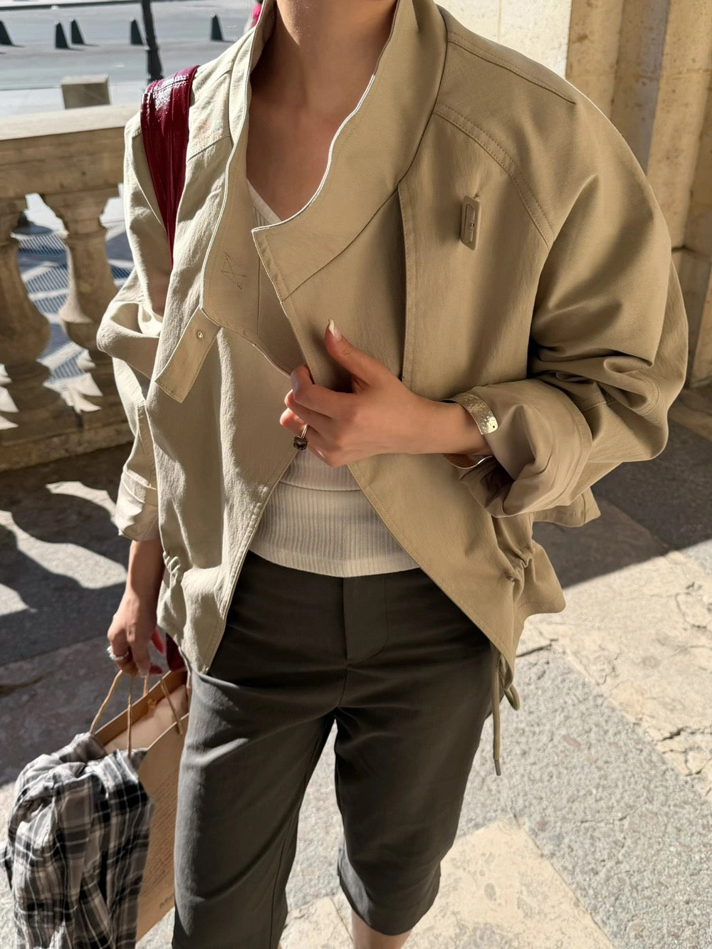 J07 / 立領廓型可束繩中短款trench coat