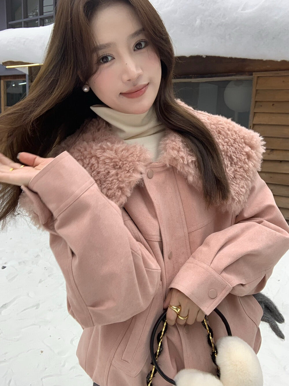 // 設計感毛毛大翻領夾棉短款JK