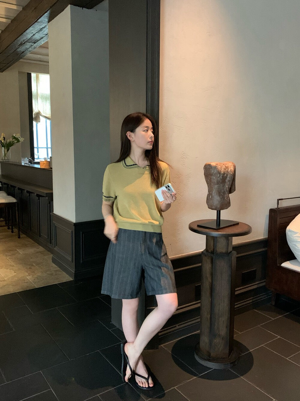 // 竹節棉肌理感直紋短褲