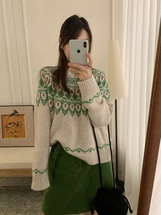 // 30%raccoon超美配色花紋毛衣