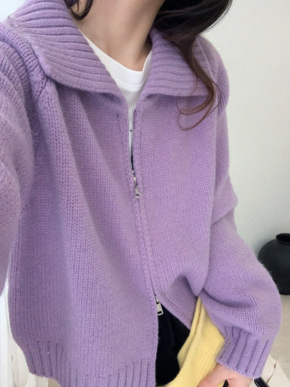 // 直坑紋大翻領上下拉鍊落肩CD