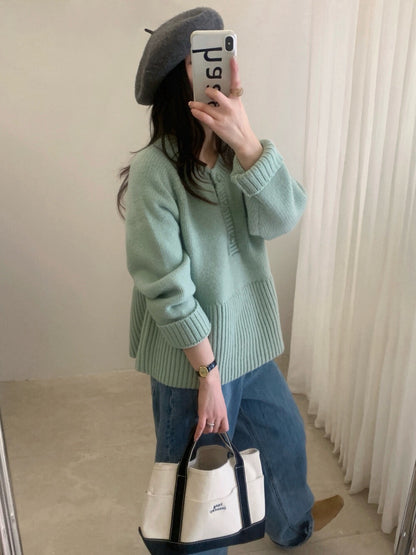 // 法式甜美直坑紋衣擺半鈕扣毛衣