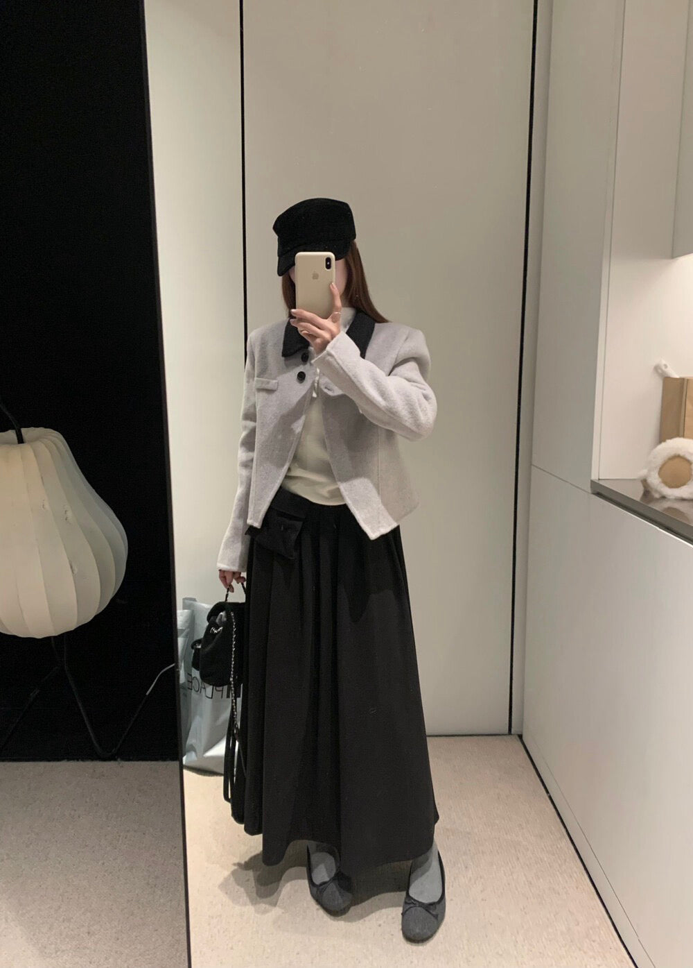 // 連腰包高品質毛呢壓褶中裙