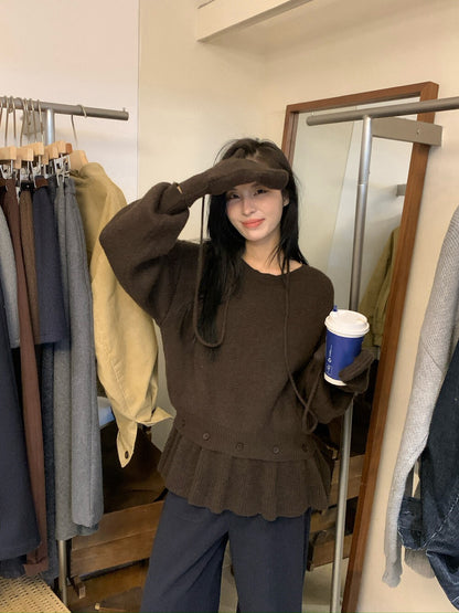 // 設計感軟糯鈕扣假兩件裙簾毛衣(連手套)