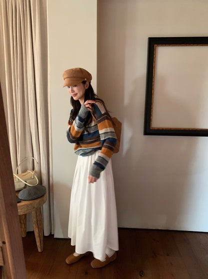 // 復古感撞色間條圓領10%羊毛NT