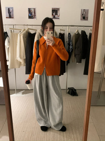 // 細直坑紋翻領上下拉鍊CD