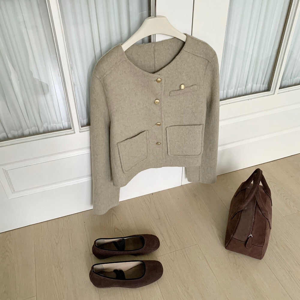 回饋價！// 質感金鈕扣氣質口袋100%手工雙面羊毛外套