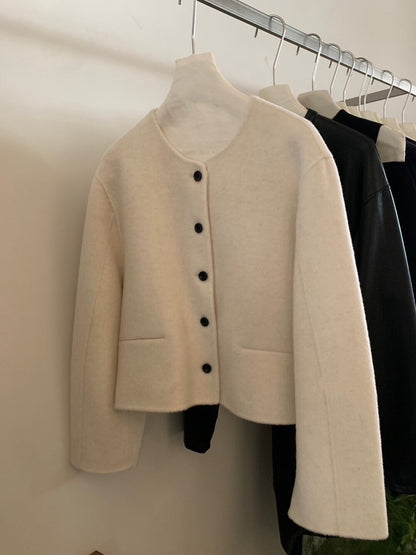 // 100%羊毛簡約圓領小口袋雙面羊毛手工外套