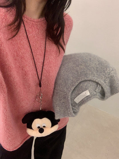 // 5%兔毛混針花線圓領卷邊毛衣