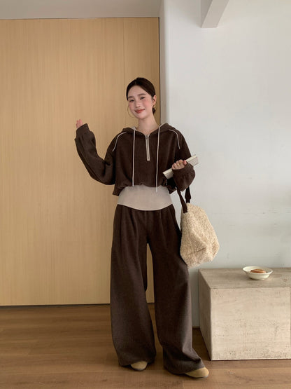 // 假兩件連帽拉鍊上衣+全長褲兩件套