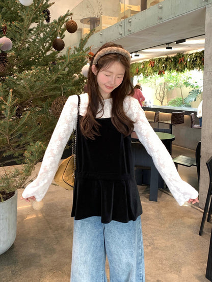 // 精緻刺繡上衣+後綁帶絲絨吊帶套裝