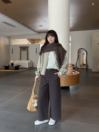 // 小口袋裝飾加絨直腳混羊毛呢褲(連腰帶)