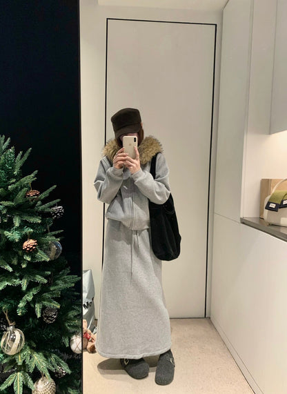 // 可拆毛毛領連帽拉鍊衛衣外套+中裙套裝￼