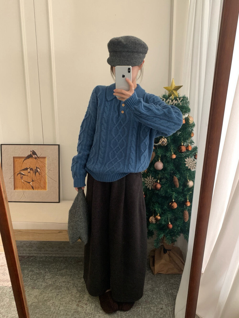 // 100%羊毛鈕扣翻領麻花毛衣