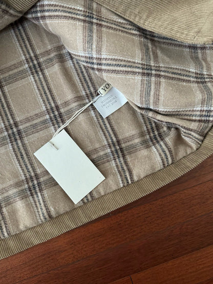 // 絨面領拼燈芯絨格紋拼布中長外套