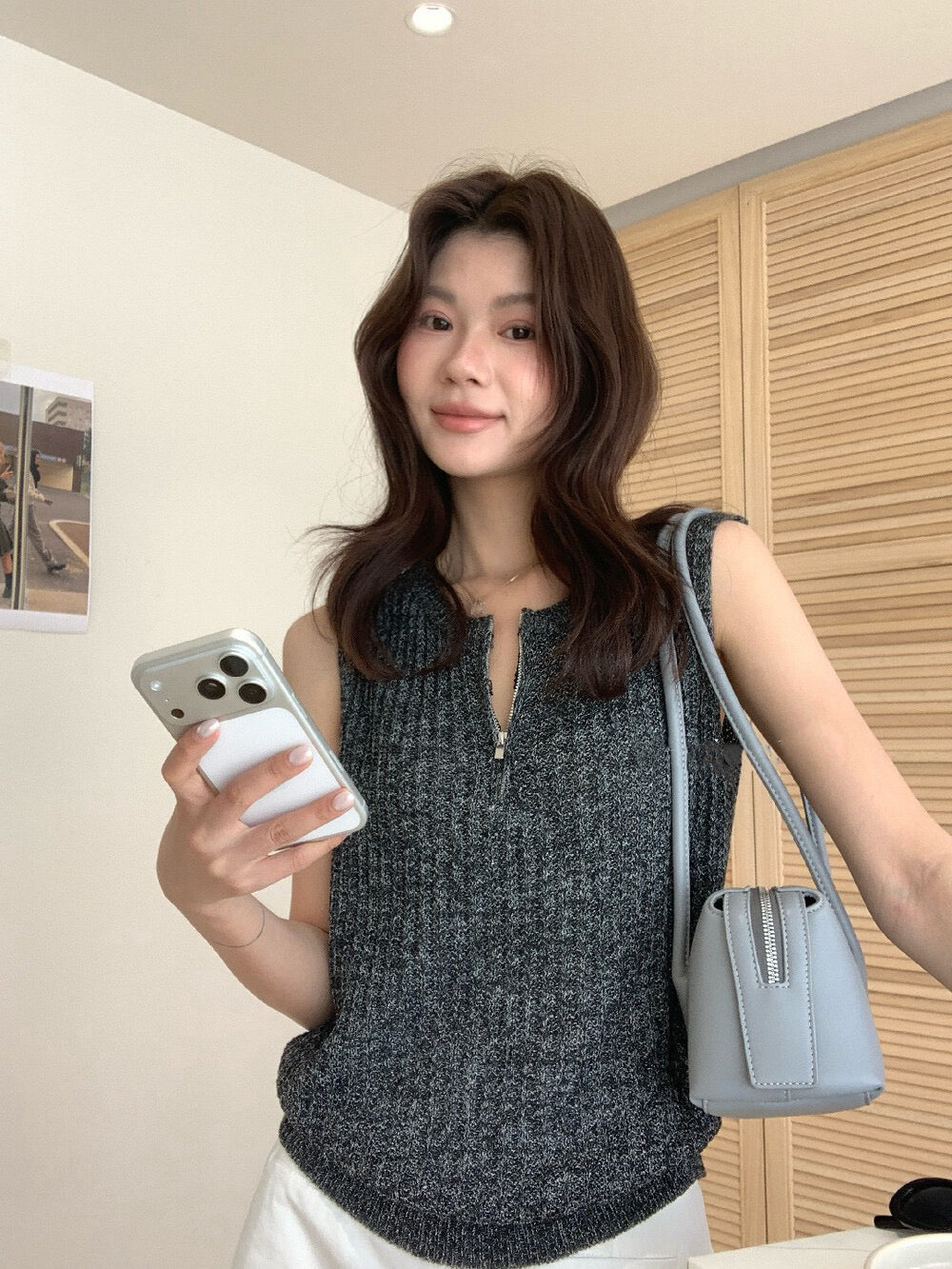// 高級感半拉鍊直織紋背心