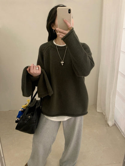 // 棉感卷邊圓領連鈕扣帽毛衣