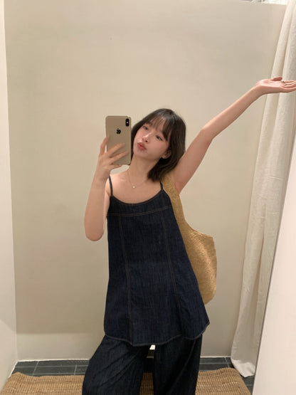 // 復古牛仔吊帶上衣+全長褲套裝(可分開單買)