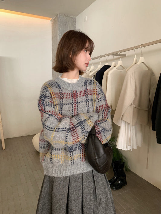 // 聖誕風復古感格紋混羊毛毛衣