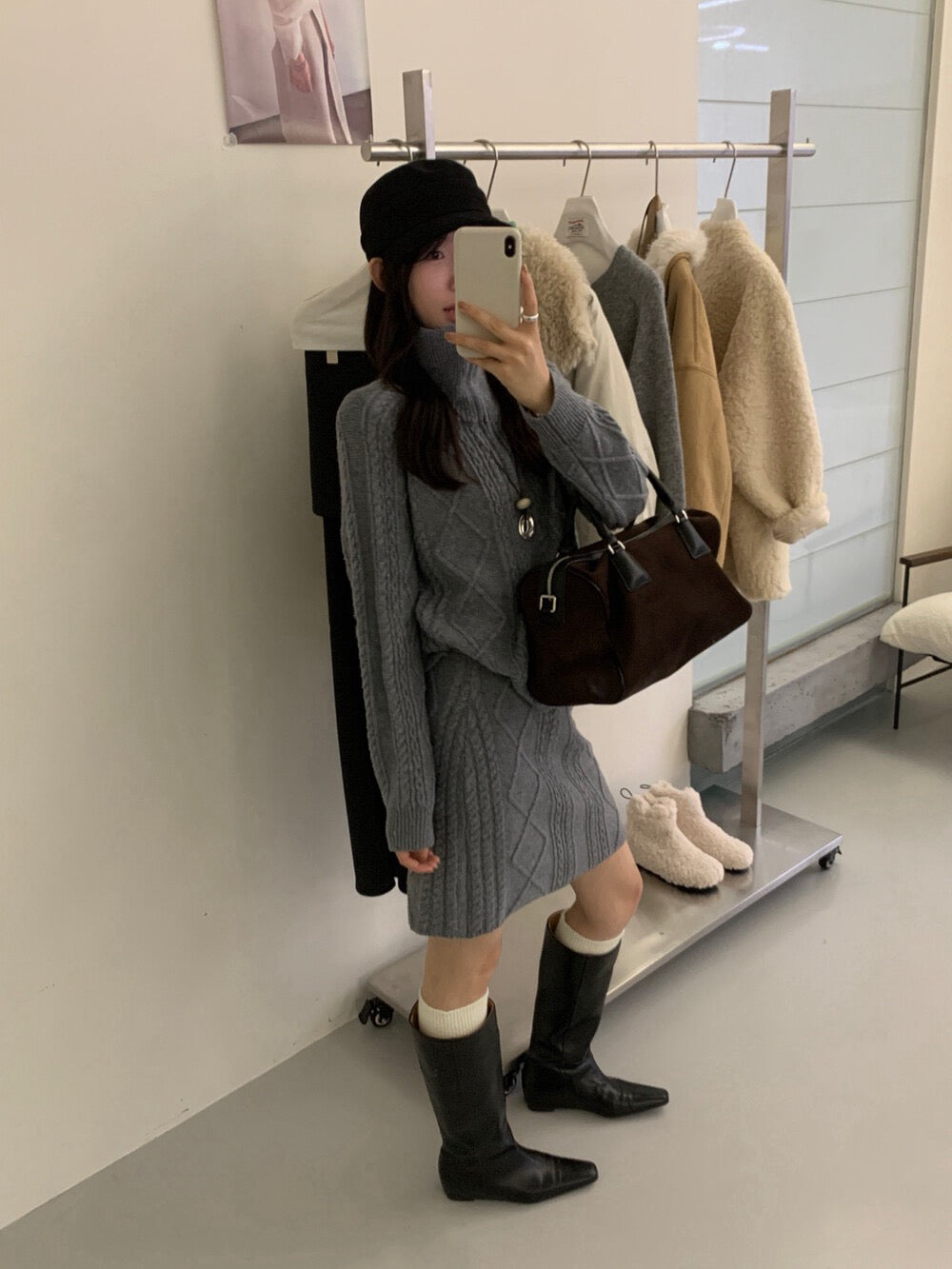 // 麻花半拉鍊立領毛衣+短裙套裝