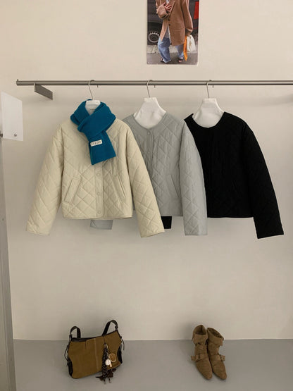 // 簡約菱格薄夾棉圓領外套