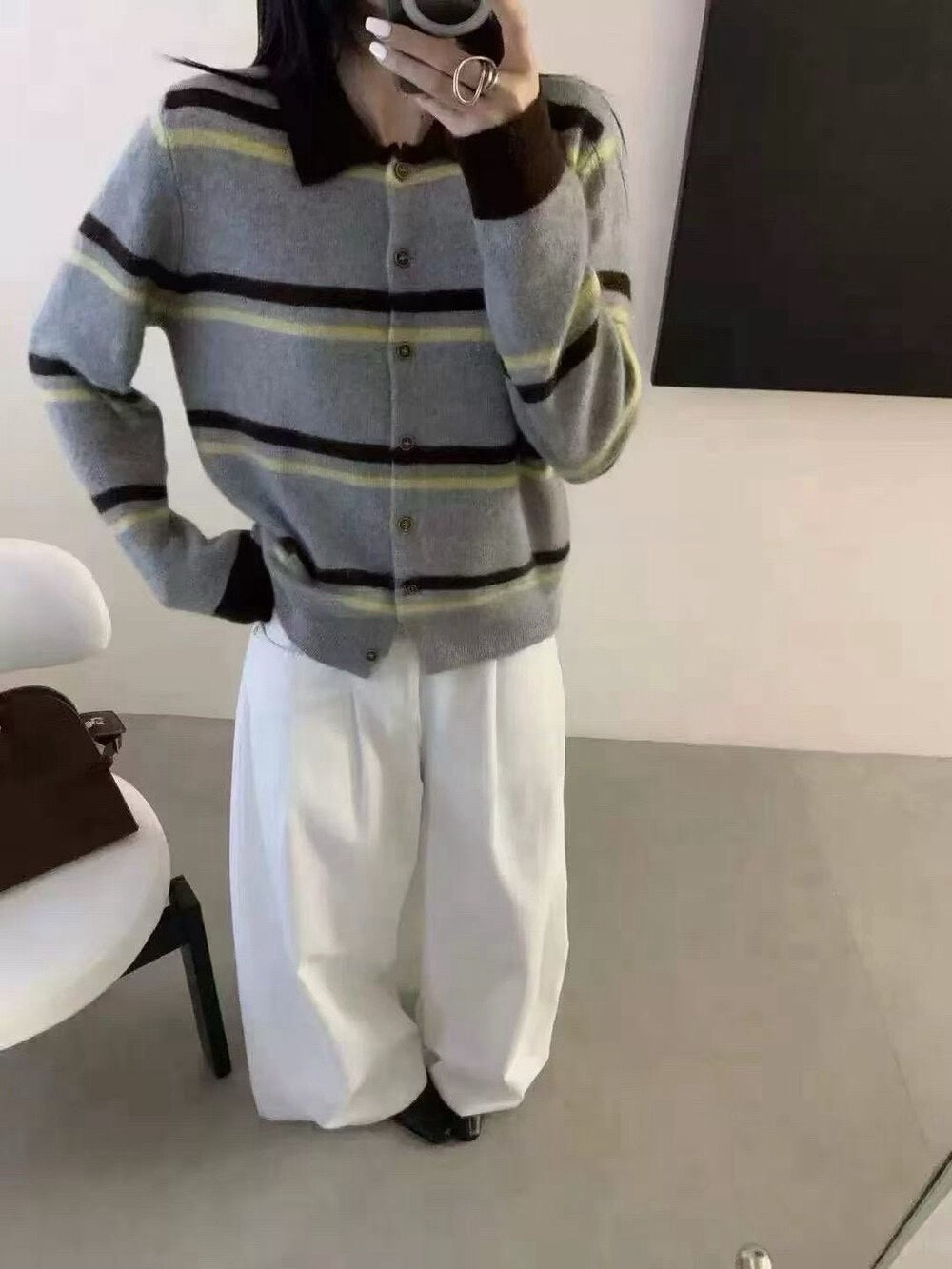 // 超韓復古配色間條開胸NT