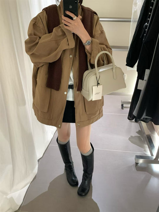 // 小立領口袋中長工裝洗水棉外套