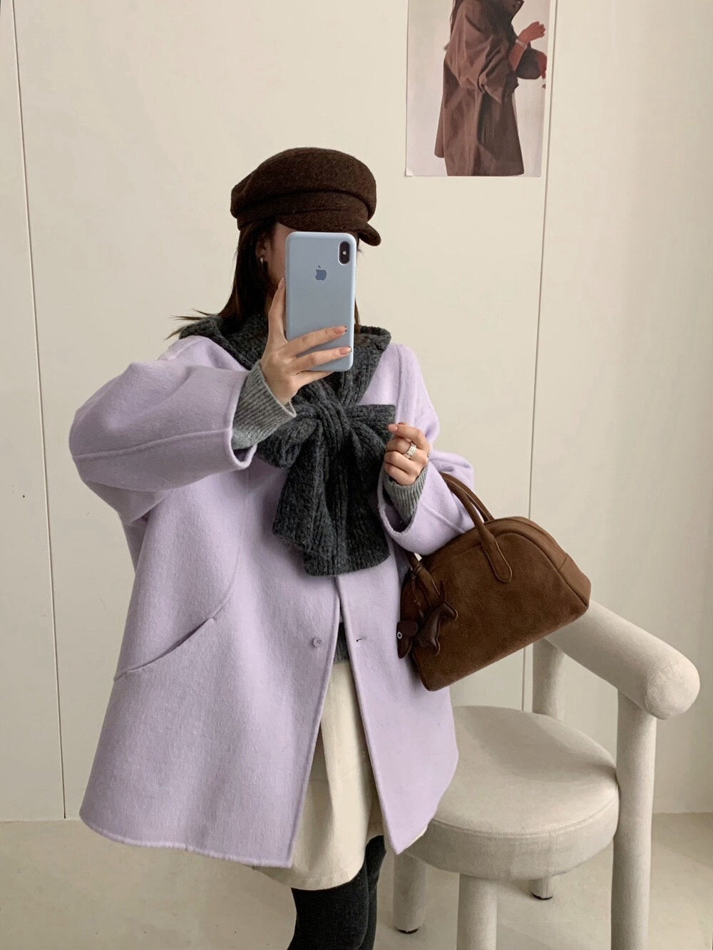 // 10%alpaca+90%wool簡約圓領手工外套(連頸巾)