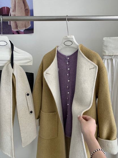 // 撞色內裡斜襟連頸巾100%羊毛雙面手工外套