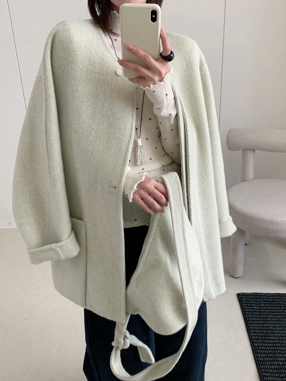 // 100%wool圓領大袋雙面毛呢外套(連袋仔)