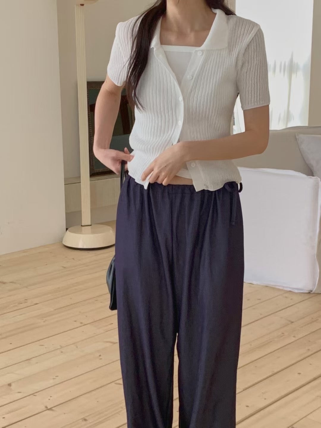 // 直坑紋翻領排扣針織上衣