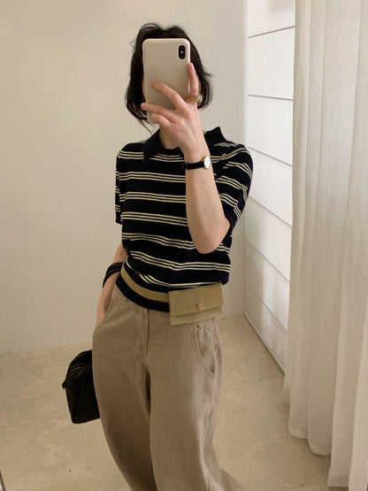 // Miu風翻領間條短袖NT