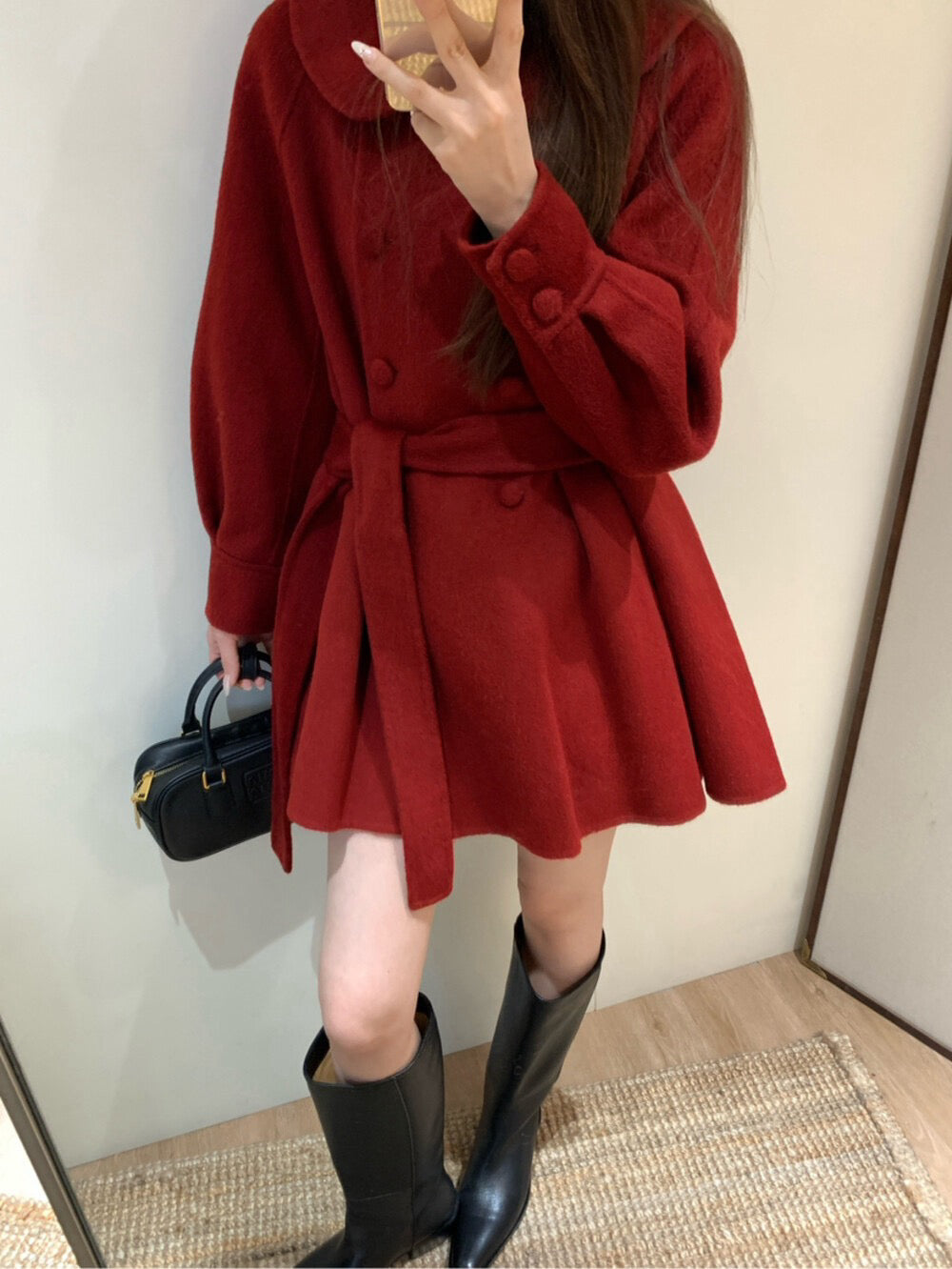 // 超柔軟100%羊毛娃娃領雙排扣手工外套