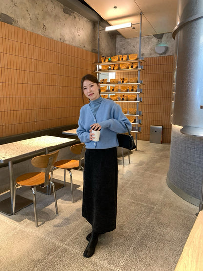 // 復古簡約直紋燈芯絨後開叉中裙